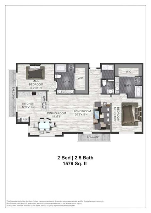 Floor plan for 2 beds, 2.5 baths, 1579 sqft